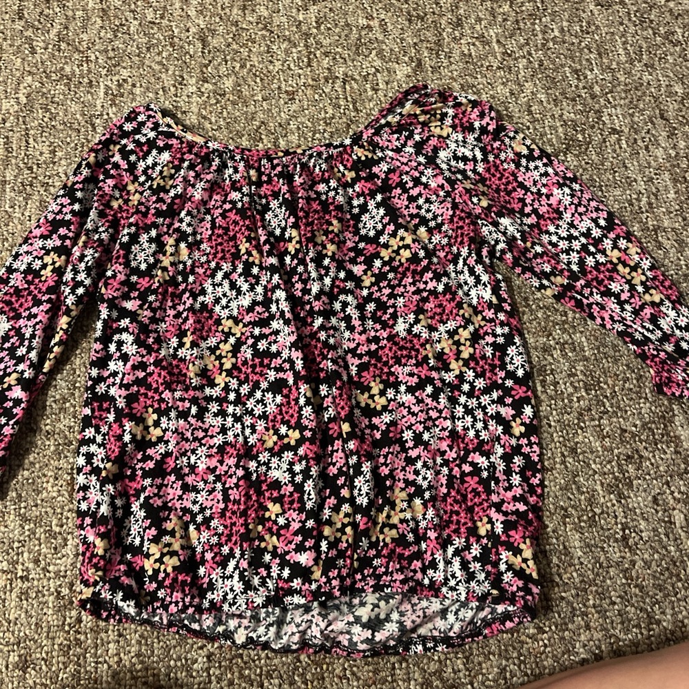 Pink and black floral blouse 
the tan/ yellow color isn’t that bright in person